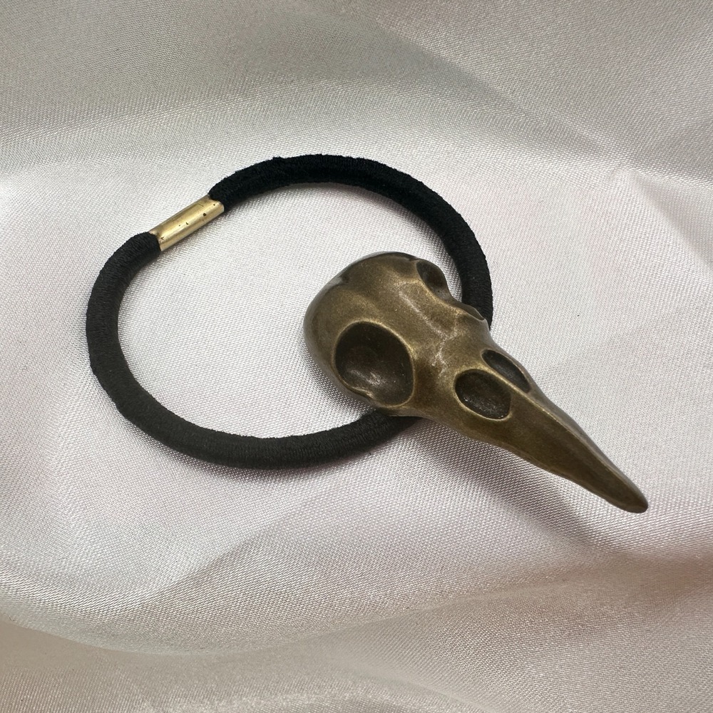 Vintage Y2K Bronze Tone Crow Skull Up Elastic Hair Band Halloween Hair Accessory - Picture 4 of 10